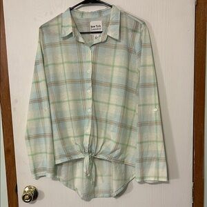 New York Laundry Light Green Plaid Tie-Front Blouse